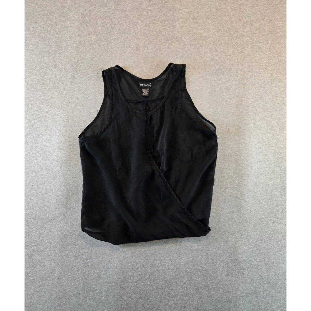 Vintage Wet Seal Blouse Women Medium Black Sheer Wrap Front Sleeveless Y2K